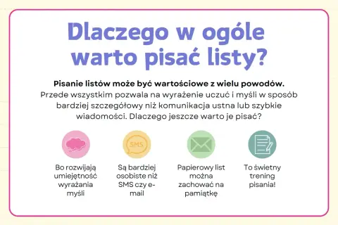 Dlaczego warto pisać listy? Bo rozwijają umiejętność wyrażania myśli, są osobiste, można je zachować na pamiątkę i to świetny trening pisania.