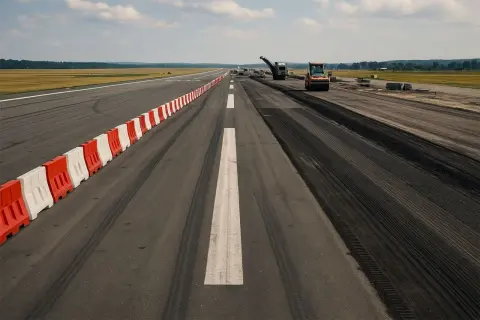 Pas startowy w remoncie, z pomarańczowym walcem i frezarką. Wygląda na to, że lotniska są zamknięte na czas prac.