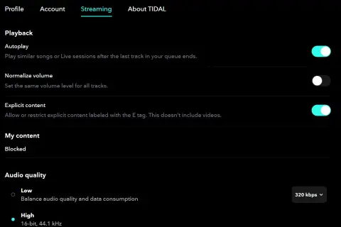 Ustawienia strumieniowania TIDAL: autoodtwarzanie, normalizacja głośności, treści z oznaczeniem E (co oznacza e-explicit) i jakość dźwięku.