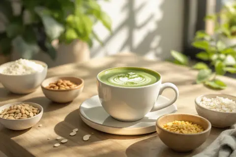 Tasse de matcha sans lait, ornée d'un motif délicat, entourée de bols d'amandes, de flocons de riz et de graines.