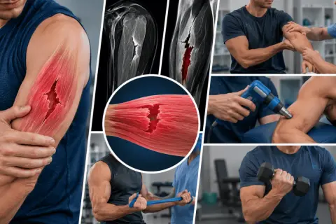 Un homme souffre d'un muscle froissé au bras, illustré par des images médicales et des séances de rééducation.