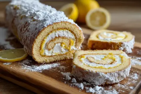 A lemon swiss roll cake dusted with powdered sugar, sliced, with lemons in the background.