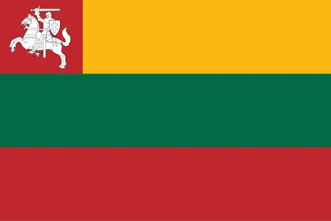Flaga Litwy: czerwony pas z białym rycerzem na koniu, żółty pas, zielony pas, czerwony pas.