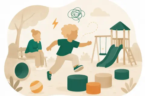 En energisk 4-åring med adhd hoppar över hinder på lekplatsen, medan en vuxen sitter fundersamt på en bänk.