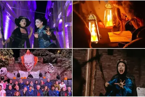 Scene di Halloween nelle Marche: streghe, un clown spaventoso, una regina malvagia e un gruppo di persone che leggono alla luce di candele.