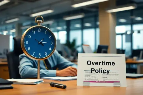 Zegar biurowy i dokument "Overtime Policy" sugerują pytanie: czy pracodawca może zmusić do nadgodzin? Czas nagli, a zasady niejasne.