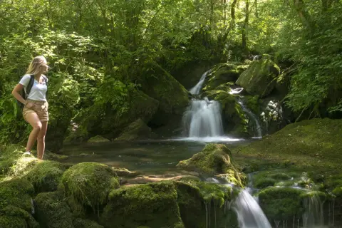 Une randonneuse admire un petit cirque de consolation, une cascade paisible au cœur d'une forêt luxuriante.