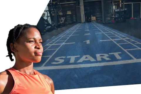 Femme déterminée prête à reprendre le sport, sur une piste bleue marquée "START".