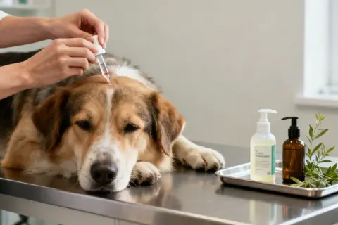 Veterinario aplica tratamiento en la cabeza de un perro para combatir piojos de perros.