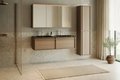 Élégante salle de bain japandi avec double vasque en bois, armoire haute et douche à l'italienne. Ambiance zen et épurée.