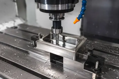 Precyzyjna obróbka stali na frezarce CNC. Wiertło precyzyjnie kształtuje metalowy element, tworząc idealne wgłębienie.