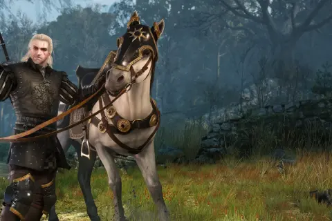 Geralt w zbroi z Wiedźmina 3, obok konia w ozdobnej uprzęży, gotowy na przygodę.