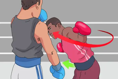 Illustration showing how to throw a hook in boxing. A boxer in a pink shirt throws a punch, indicated by a red arrow, towards an opponent.