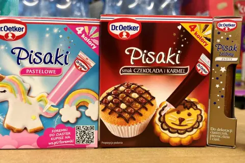 Kolorowe pisaki do pierników Dr. Oetker: pastelowe, czekoladowe i złote. Idealne do dekoracji ciasteczek i wypieków.