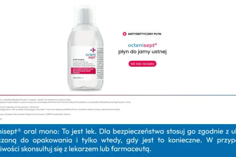 Butelka płynu **oktaseptal** do płukania jamy ustnej. Produkt leczniczy bez recepty.