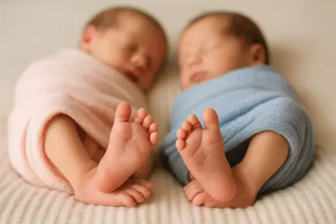 Deux adorables nouveau-nés endormis, l'un emmailloté dans du rose, l'autre dans du bleu. Leurs petits pieds, comme des prénoms en U, pointent vers l'avant.