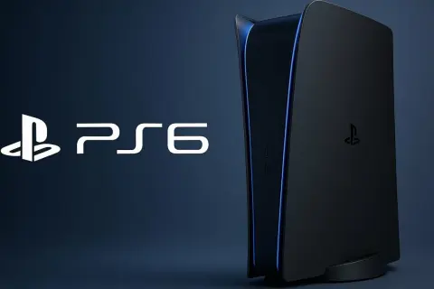 Nowa konsola PlayStation 6 w czarnym kolorze z niebieskimi akcentami świetlnymi.