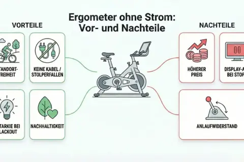 Übersicht über Ergometer ohne Strom: Vorteile wie Standortfreiheit und Nachhaltigkeit, aber auch Nachteile wie höherer Preis und Anlaufwiderstand.