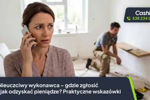 Zmartwiona kobieta rozmawia przez telefon, szukając informacji, gdzie można zgłosić nieuczciwego pracodawcę.