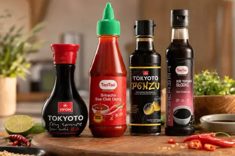 Cztery butelki sosów: sojowy, sriracha, ponzu i teriyaki, idealne do sushi.