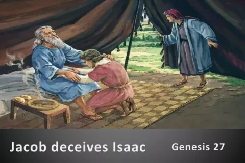 Ojciec Ezawa i Jakuba, Izaak, leży w łóżku, gdy Jakub klęczy przy nim. Rebeka obserwuje zza zasłony.