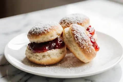 Lufterfrischte Berliner mit Marmelade, bestäubt mit Puderzucker, auf einem Teller.