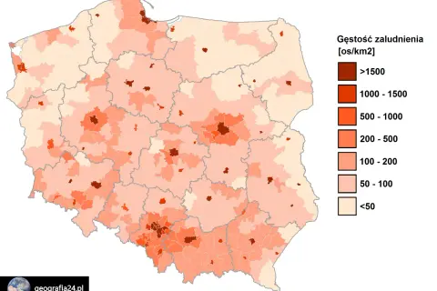 Mapa Polski z zaznaczoną gęstością zaludnienia. Najwięcej osób mieszka w okolicach dużych miast, tworząc gęste skupiska.