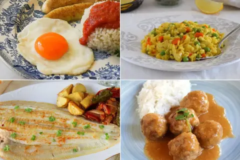 Cuatro platos deliciosos: huevo frito con arroz y plátano, arroz con pollo y verduras, pescado a la plancha con patatas y pimientos, y albóndigas con arroz. ¡Ideas geniales para recetas para niños!