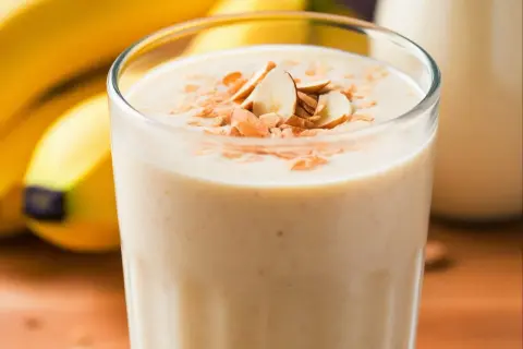 Sycące smoothie bananowe z płatkami migdałów i owsianymi.