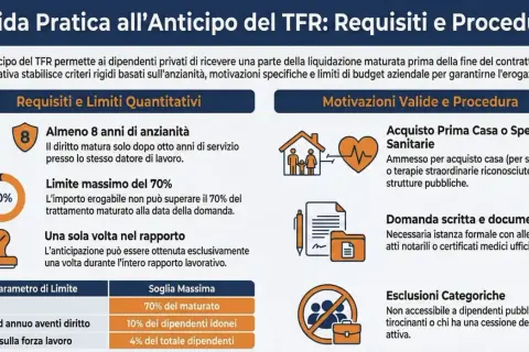 Guida pratica anticipo TFR: requisiti (8 anni anzianità, max 70%) e motivazioni (casa, salute). Richiesta anticipo TFR per difficoltà economiche.