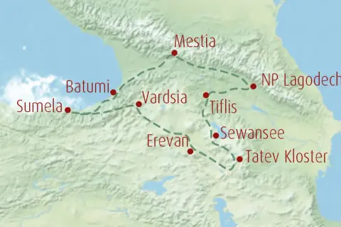 Eine Kaukasus Karte zeigt eine Reiseroute von Sumela über Batumi, Mestia, Vardsia, Tiflis, Sewansee, Tatev Kloster bis NP Lagodechi.