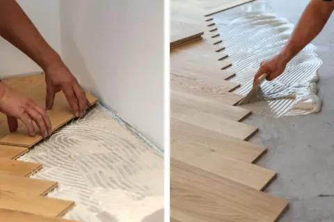 Pose de carrelage imitation parquet. Un artisan applique la colle pour un nouveau sol en bois.