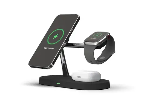 Ładowarka indukcyjna z iPhonem, zegarkiem Apple Watch i etui AirPods.