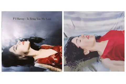 Portada album musica: PJ Harvey "To Bring You My Love", una mujer con cabello oscuro y vestido rojo flota en agua.