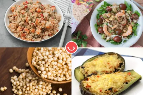 Cuatro imágenes de deliciosas recetas con quinoa: ensalada con camarones, berenjenas rellenas, quinoa con verduras y granos de quinoa.