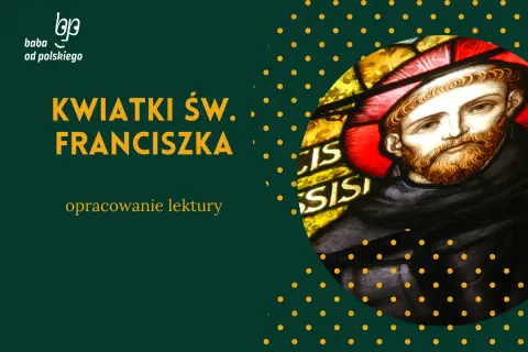 Witraż przedstawiający św. Franciszka z Asyżu na ciemnozielonym tle z żółtymi kropkami.