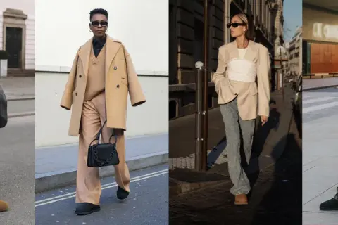 Quattro outfit urbani: uno con blazer grigio e pantaloni coordinati, un altro con cappotto cammello e pantaloni ampi, un terzo con blazer beige e corsetto, e l'ultimo con pantaloni in pelle e cardigan colorato. Due indossano un outfit con ugg neri.