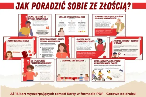 Ilustracja pokazuje, jak radzić sobie ze złością. Wskazówki obejmują: zajmowanie się czymś wymagającym koncentracji, ustalanie przyczyn złości, przypominanie sobie sytuacji, gdy udało się zachować spokój, pisanie dziennika emocji, głębokie oddychanie, ...