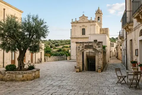 Piazza con ulivo secolare, chiesa barocca e frantoio ipogeo. Un assaggio di entroterra Salento cosa vedere, tra vicoli e storia.