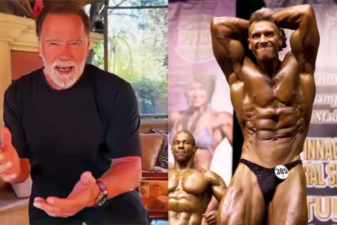 Arnold Schwarzenegger parle, à côté d'un bodybuilder musclé dont l'estomac est sculpté.