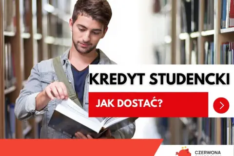 Młody student w bibliotece przegląda książkę. Obok tekst: "Kredyt studencki - jak dostać?". Poznaj warunki.