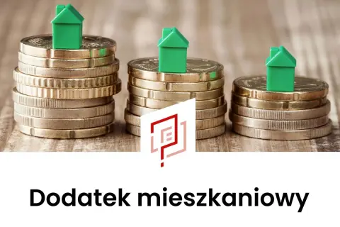 Zielone domki na stosach monet symbolizują dodatek mieszkaniowy.