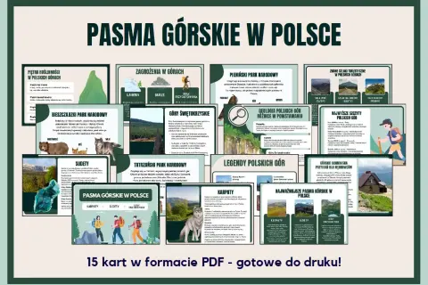 Wizualna prezentacja pasm górskich w Polsce, zawierająca informacje o Bieszczadach, Sudetach, Tatrach, Pieninach, Górach Świętokrzyskich, ich geologii, zagrożeniach, legendach i szlakach.