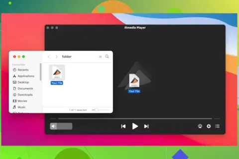 Elmedia Player shows a folder with a "Your File" video, ready to play a quicktime mp4.