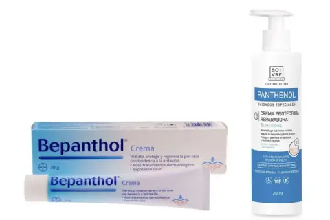 Bepanthol Crema y una loción con pantenol que es un ingrediente clave para reparar la piel seca e irritada.