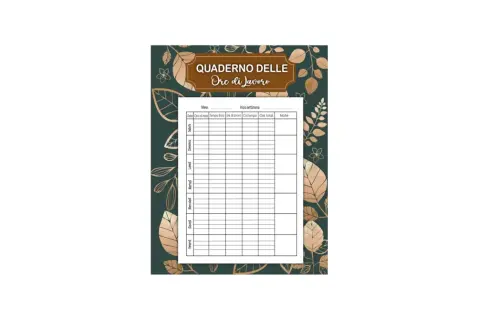 Quaderno per registrare le ore di lavoro, utile per chi fa lavoro a turni. Contiene colonne per data, orari, ore lavorate e totali.