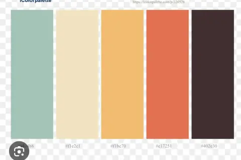 A color palette featuring seafoam green, cream, peach, coral, and deep plum. This palette shows what color goes with seafoam green for a harmonious design.