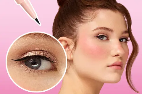 Un trait d'eye liner discret sublime un œil maquillé, accentuant la beauté naturelle. Un applicateur est montré en haut.