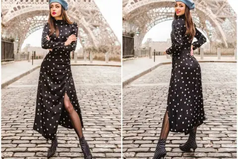 Elegancka sukienka w grochy, idealna na paryski spacer. Jakie dodatki do sukienki w grochy? Beret, rajstopy i botki w tym samym stylu.
