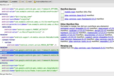 Le fichier manifest.xml montre les sources et les autres fichiers manifest inclus dans la fusion, avec des détails sur les dépendances.